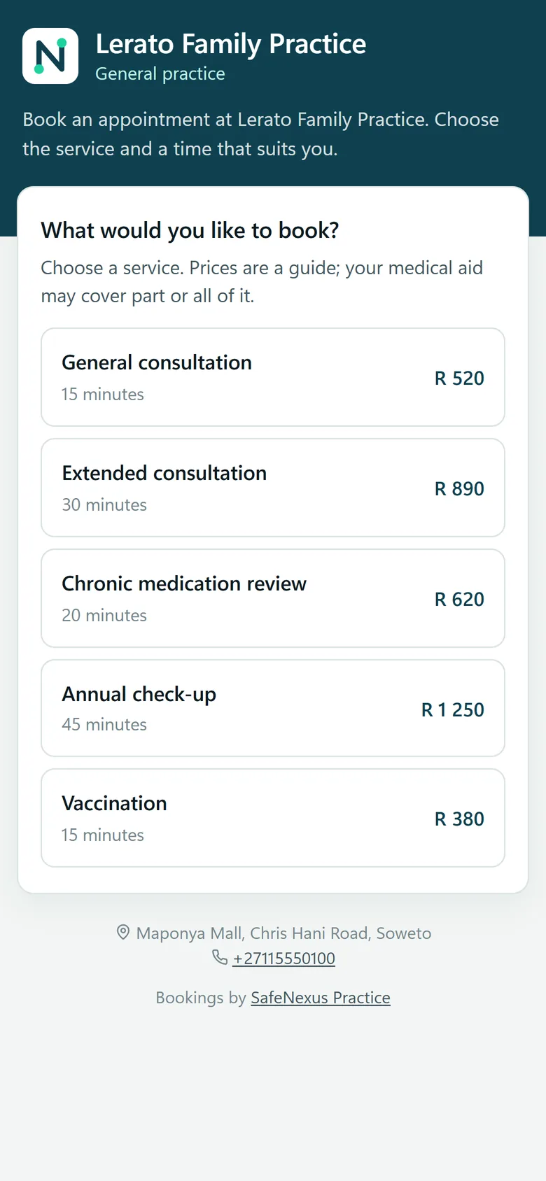 The booking page of a demo practice, Lerato Family Practice
