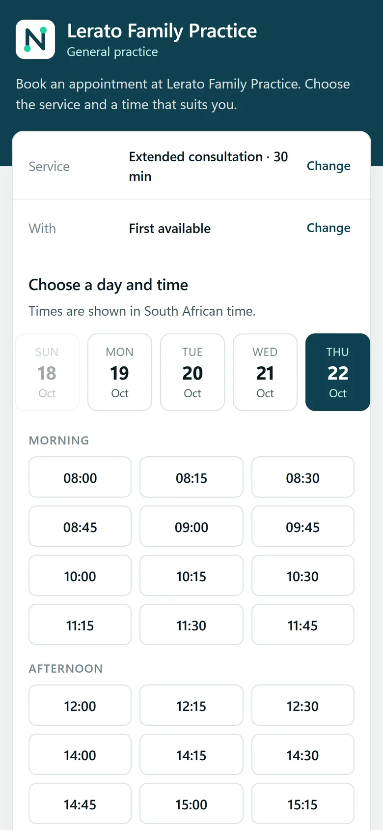 Choosing a day and time on the booking page