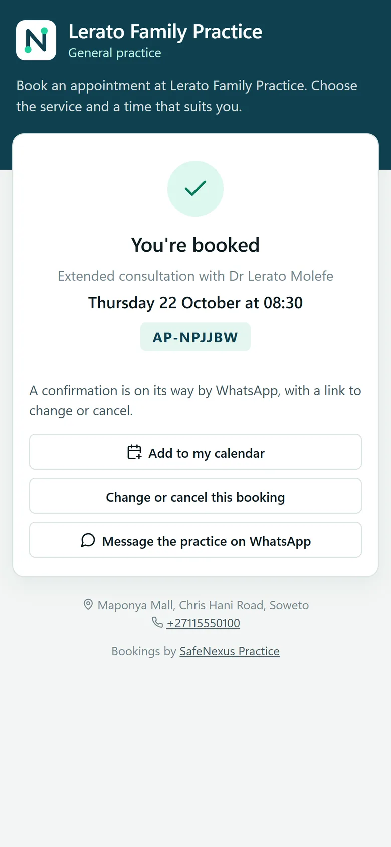 The booking confirmation with a reference, calendar file and change link