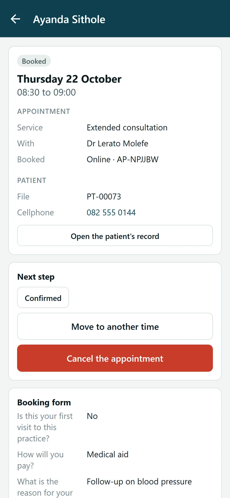 An appointment in the mobile app, with the next step and the booking form answers