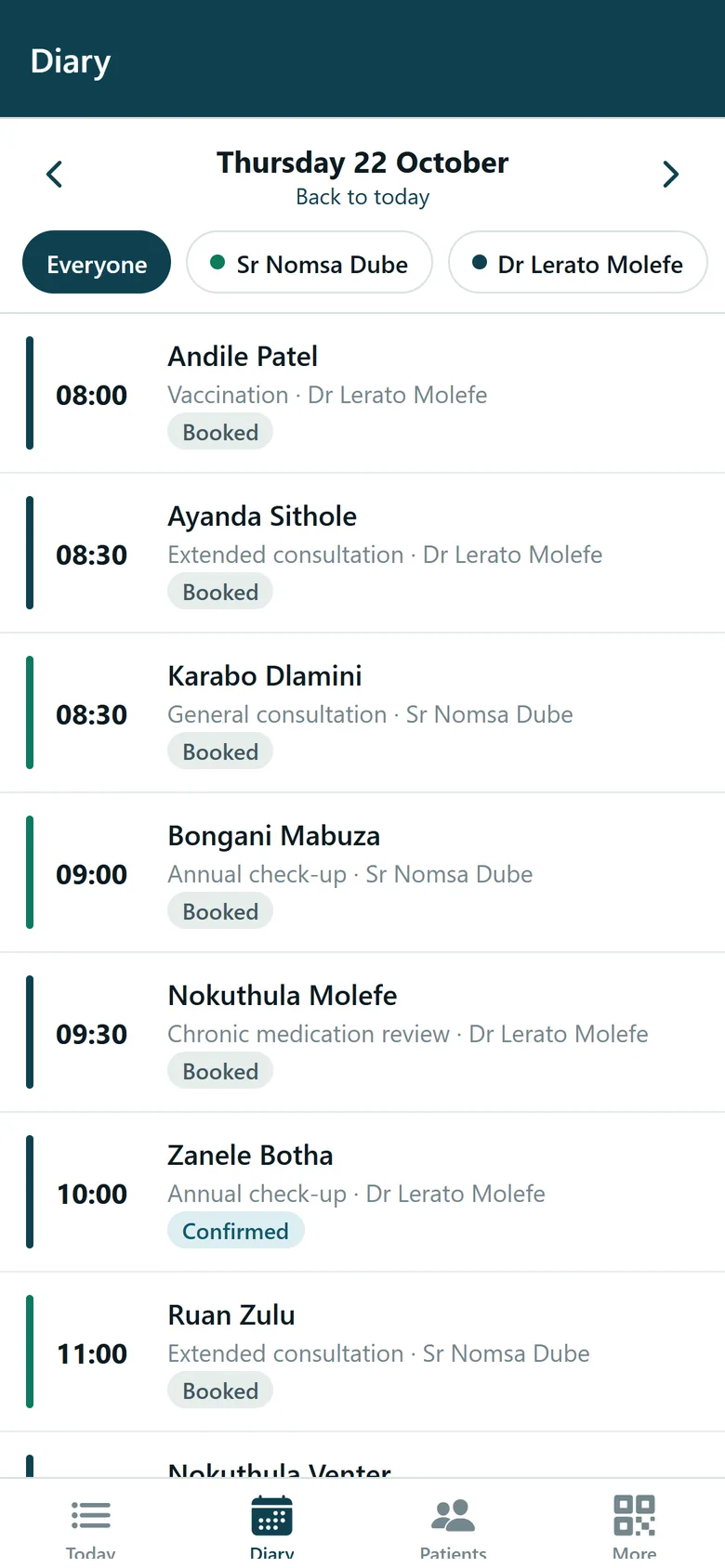 The mobile app's diary for one day